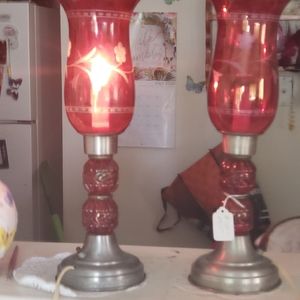 2 red carnival glass lamps